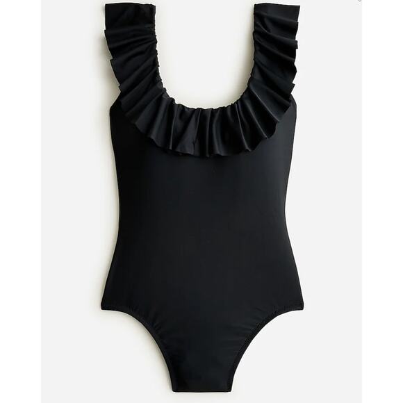J. Crew Ruffle Scoopback One-Piece Swimsuit Women’s 10 Black Classic Elegant - Picture 1 of 12